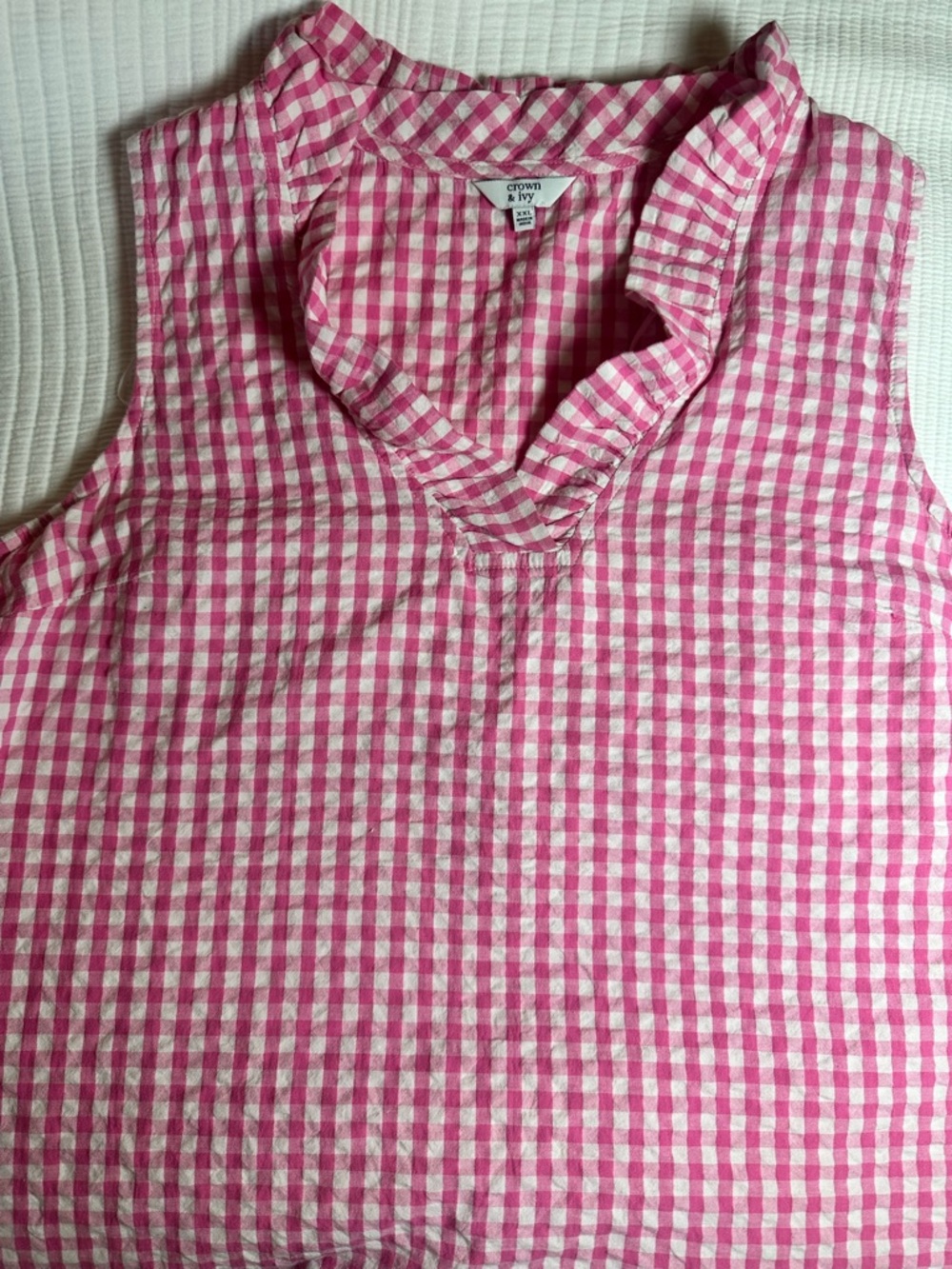 crown & ivy Pink and White Gingham Ruffle V-Neck Blouse
